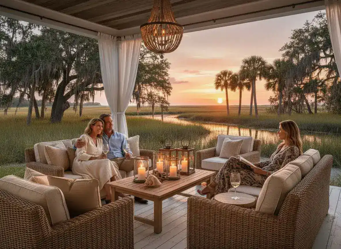 Couple relaxing on Lloyd Flanders wicker lounge seating on a Lowcountry porch at sunset