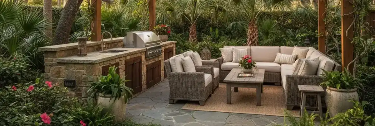 Luxurious outdoor living space with stone kitchen and wicker seating surrounded by tropical palms